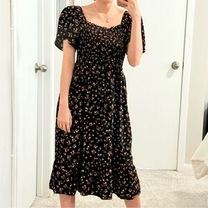 #057 | S/M | Floral Smocked Short Sleeve Ruffle Tiered Midi Dress | Black